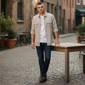 Tommy‎ Bahama Linen Shirt Mens Medium Linen Long Roll Tab Sleeve Button Up Beige